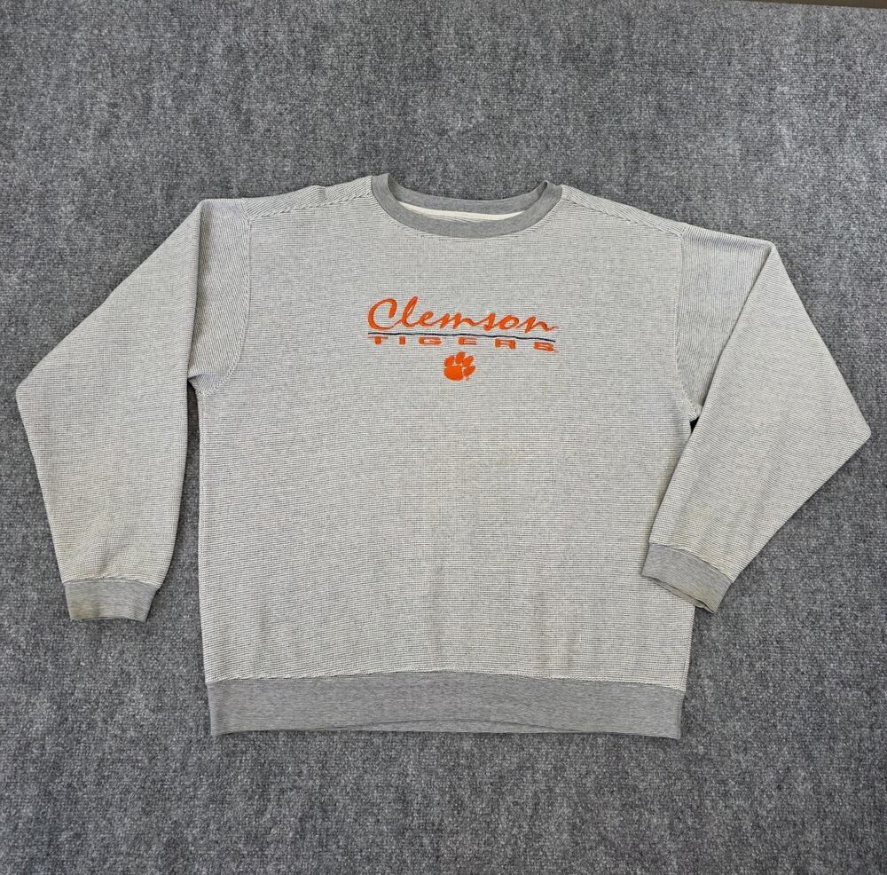 Clemson Tigers Sweatshirt Mens Large Gray Pro Edge Waffle Knit Crewneck VTG